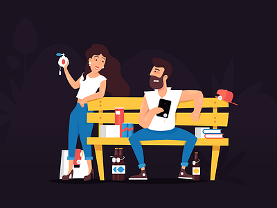 Shoplifters bench characters flat hipster illustration man shoplifting shopping stolen thieves vector woman