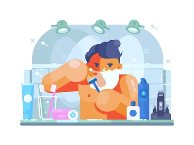 Man Shaves bathroom face flat hygiene illustration kit8 male morning razor shaver shaving vector