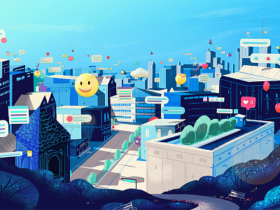 Social City 2d 3d animation city emoji illustration mixed media motion design styleframe texture