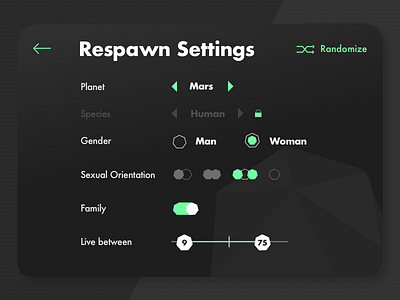 Respawn Settings future game planet resurrection settings slider toggle ui