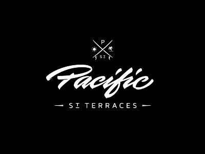 Pacific St Terraces calligraphy lettering logo palm sun surfboard