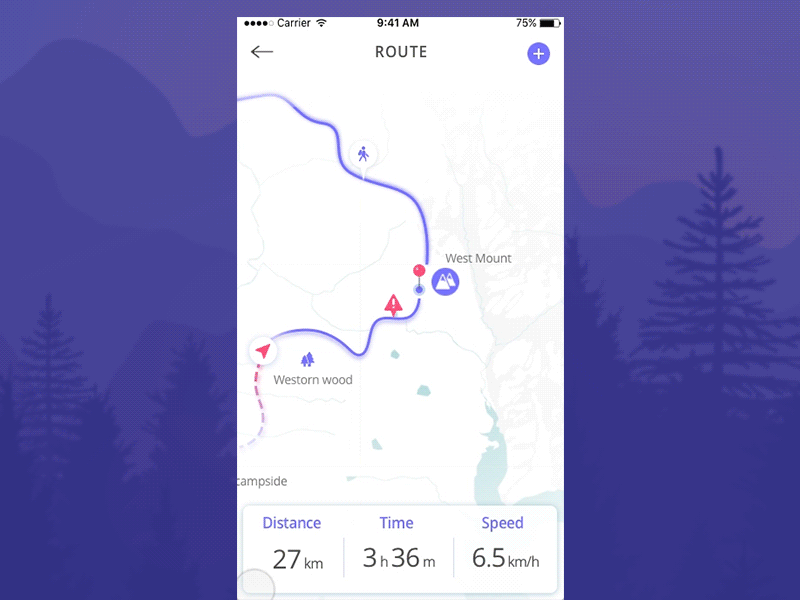 Tourists App Concept backpacking card distance floating button forest gif gp hiking location map pin route