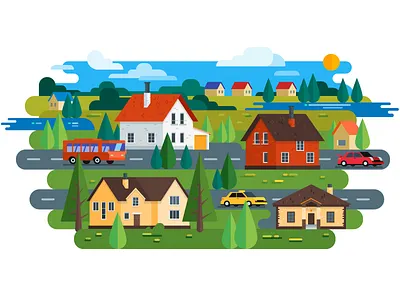 Village 2d flat illustration landscape material design summer vector village web