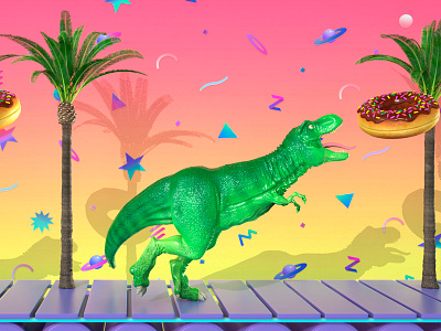 Still Animation 3d 80s 90s dinosaur donnut palm render retro trees