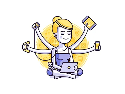 Girl With Gadgets cat character color device geek girl illustration line shiva yoga