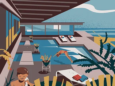 Leisure architecture illustration kids lifestyle mid century vector