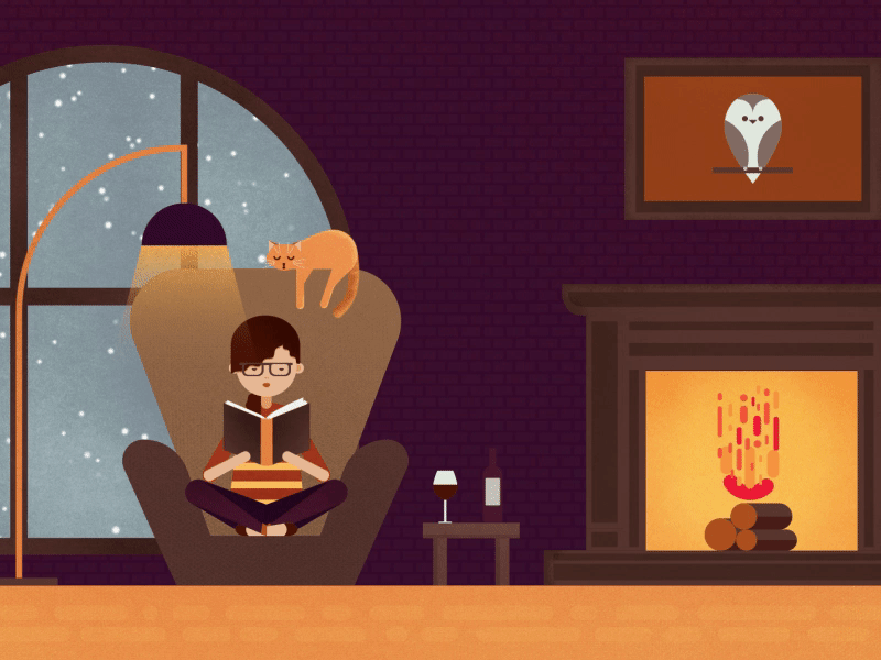 Perfect evening after effects animation books character evening fireplace hedwig illustration reading wine