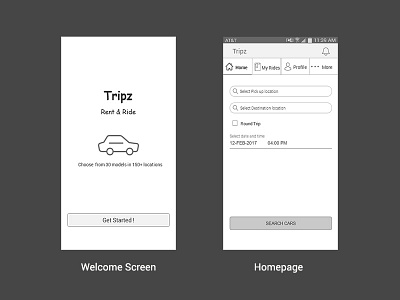 Tripz - Welcome screen and Homepage best car rent design mobile portfolio problem solution sketch user experience wireframe