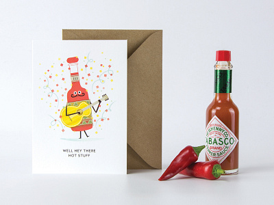 Hey There Hot Stuff bottle card chilli envelope greetings guitar hot sauce illustration