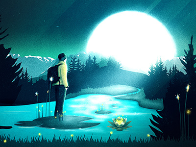 Lost in the Moment fantasy forest hiking lake landscape moonlight mountains nature retro vector vintage wanderlust