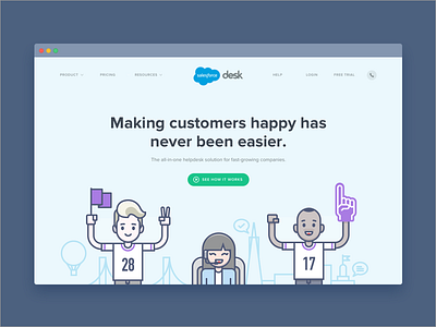 Desk Landing Page above the fold customer service desk.com illustration landing page