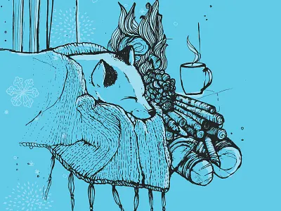 Monsieur T cozy fireplace fox hot illustration tea winter