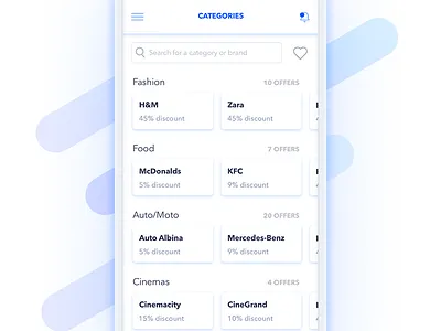 Homescreen - Discounts app auto brand brands categories cinemas discount fashion food homescreen mobile offers sketch
