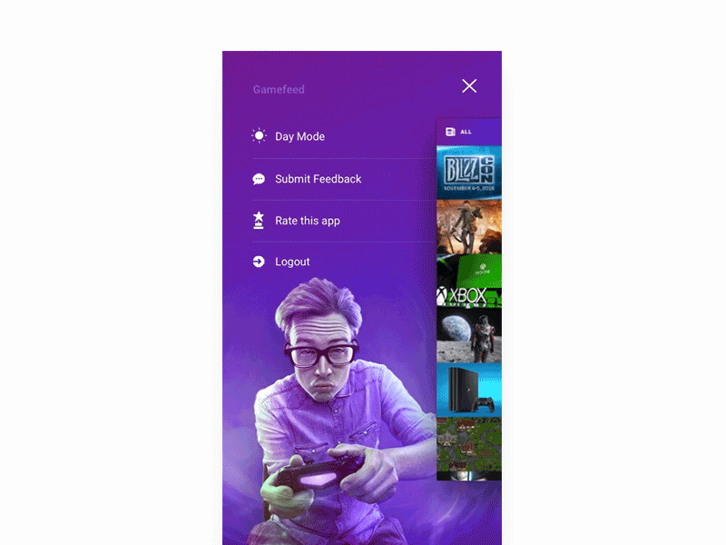 GameFeed - side menu animation animation app clean game gamers gaming ios minimal sidemenu smooth ui video