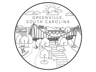 Vector Illustration- Downtown Greenville, SC art bridge buildings clouds greenville line south carolina sun trees vector waterfall