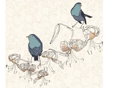 Tiger Lily birds bird flowers illustrator line pattern surfacedesign tigerlily wip