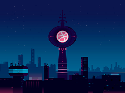 Hello Dribbble buildings city cityscape hello neon night