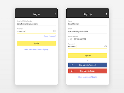 Black/Yellow Log In and Sign Up Screen android app in log register sign up