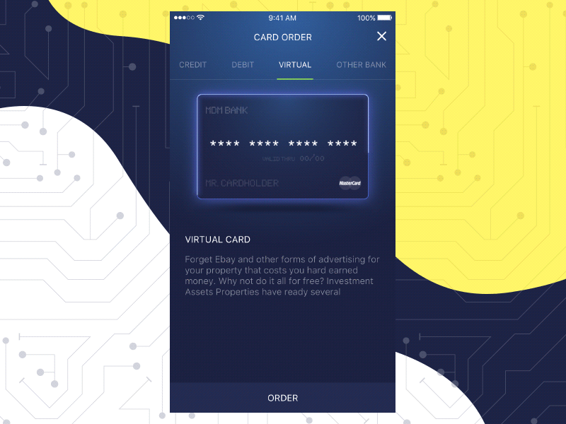 VIRTUAL CARD ORDER app bank banking cards cover finance ios iphone pay payment ui ux