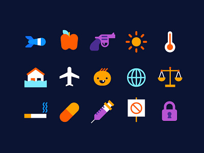 Icon set airplane apple baby drugs flood gun icon lock missile protest smoking sun