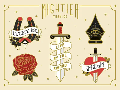 Mightier Than .Co Flash Sticker Sheet creative south flash horseshoe mandala mom nib pen pen tip rose sword tatto traditional tattoo