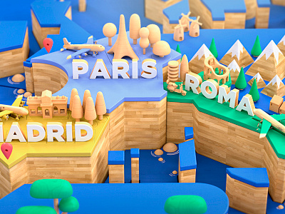 Wooden World 3d characters city europe illustration madrid map paris render rome wood world