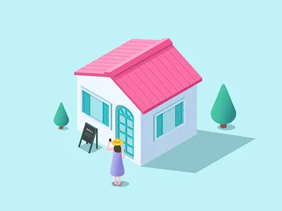 House isometric，girl