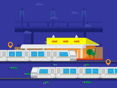 Train station daily design flat illustration night station train