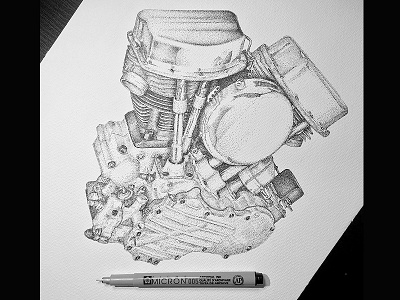 Harley Davidson Panhead Engine car carart cars dotwork drawing handmade illustration pointillism poster retro sketch vintage