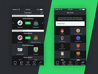 Transfer Window app interface ui ux