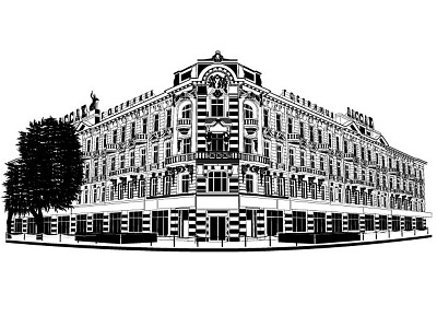 Buildings of Odessa for bank card in engraving style. Pasage building engraving illustration odessa pasage ukraine vector woodcut