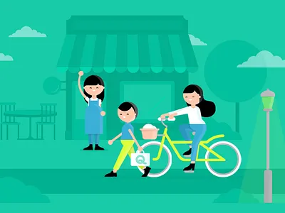 ResQ Club app bike boy character food girl green illustration