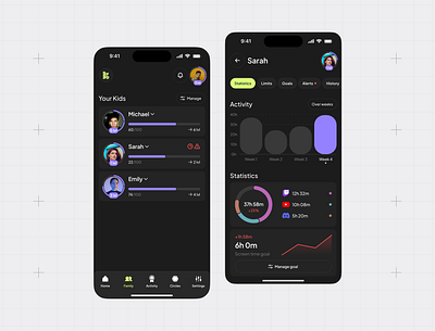 Mobile App, Dark Mode, Family Screen Time, pt.4 app design dark mode dark theme design ihor interface mobile mobile app mobile app design mobile design product product design screen time screen time app ui user experience user interface ux web web design