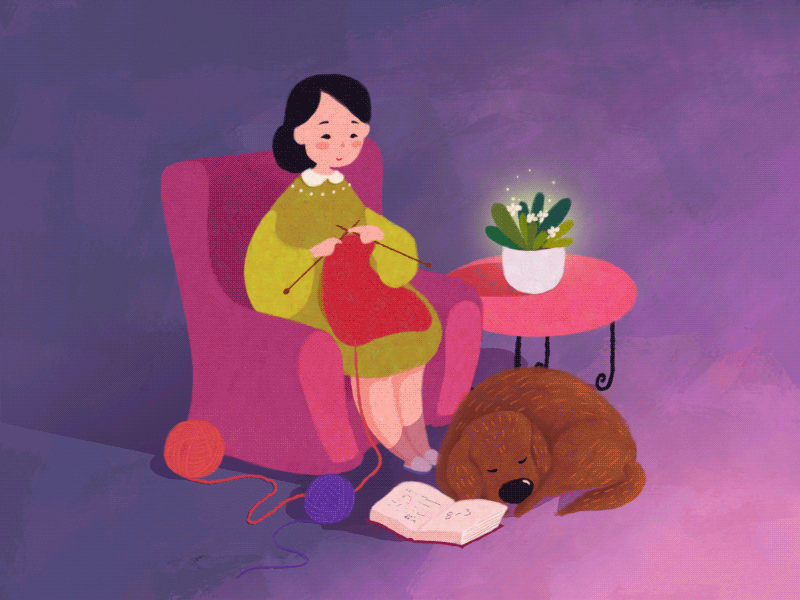 Fireside 2d animation cute design dog fantasy fireplace texture woman