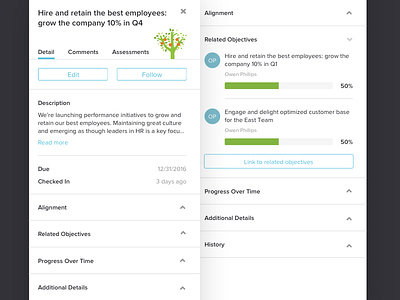 Goal detail panel dashboard detail details goals list navigation okr panel product progress tabs ui