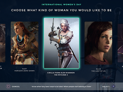 International Women's Day card design game horizon playstation screen selection tlou ui ux witcher women