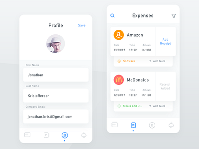 Expense screen and profile explorations card expense filter notification plastic profile receipt report search setting ui virtual