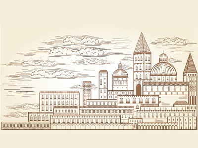 Second part of vintage town in engraving style castle city engraving line retro tower town