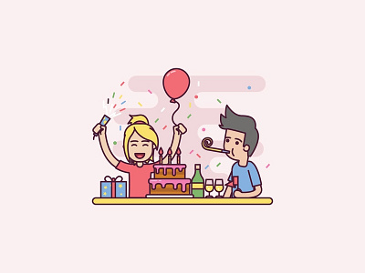 Birthday Party Illustration anniversary birthday cake celebration confetti couple gift happy joy party surprise