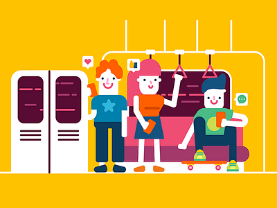 Subway people commuter connect fun illustration people skate smartphone social subway train vector