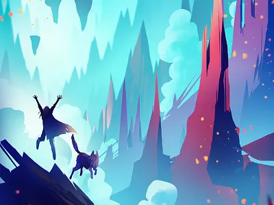 Salvation character cloud concept girl gradient illustration island landscape mountain painting particle rock