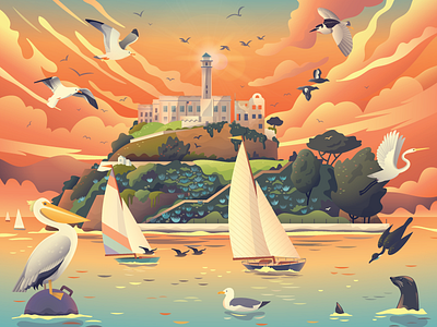 Alcatraz Island Puzzle alcatraz architecture bird boat design illustration island landscape nature puzzle san francisco vector