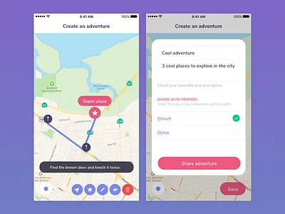 Ar Adventures – Adventure creation app ar augmented reality ios map map view pink button pink label pins select friends share