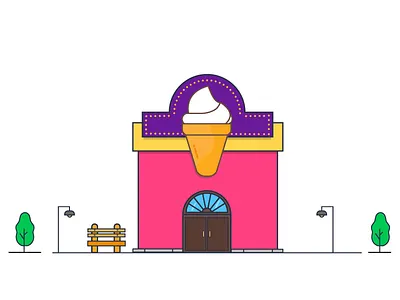 Ice cream parlor bench cone cream food fun ice illustration lamp line art parlor tree