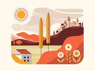 Tuscany city flower halftone hill house italy landscape mountain postcard sky sun town