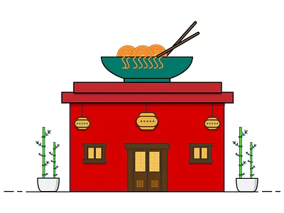 Chinese Restaurant bamboo bowl building chinese chopsticks decorations door illustration line art noodles restaurant trees