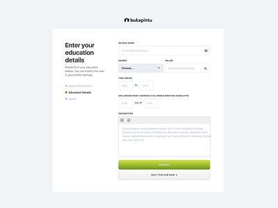 Bukapintu - Sign Up - Education bukapintu button details education input login process sign up