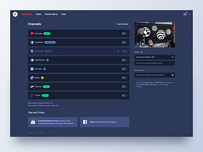 Restream Dashboard broadcasting channels dashboard panel restream streaming