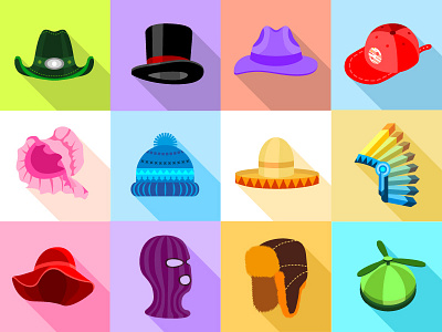 Hat Icons Set Flat flat hat icons set