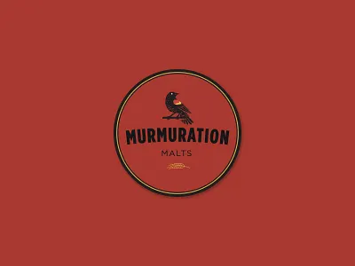 Murmuration Round Sticker : Gold/Black on Red beer bird blackbird branding design layout malt malting redwing sticker typography vector